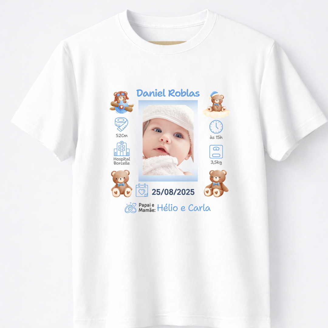 Camiseta Personalizada Registro do Bebê - 100% Algodão