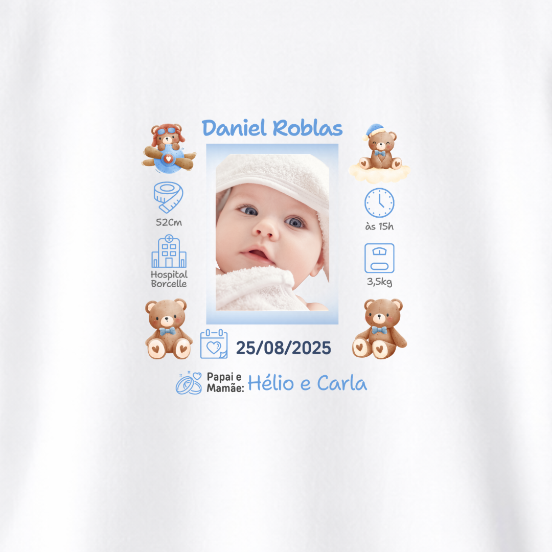 Camiseta Personalizada Registro do Bebê - 100% Algodão